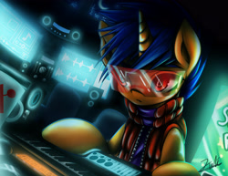 Size: 3850x2975 | Tagged: safe, artist:monochromacat, artist:spectrumblaze, oc, oc only, oc:blinky, pony, unicorn, collaboration, cup, female, keyboard, mare, screen, solo, speakers, visor