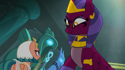 Size: 1920x1080 | Tagged: safe, screencap, somnambula, sphinx (character), pegasus, pony, sphinx, daring done?, evil grin, female, grin, mare, plot, smiling, technically an upskirt shot