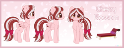 Size: 3683x1425 | Tagged: safe, artist:hawthornss, oc, oc only, oc:cherry blossom, bow, hair bow, looking at you, plot, reference sheet