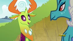 Size: 1920x1080 | Tagged: safe, screencap, princess ember, thorax, changedling, changeling, dragon, triple threat, female, interspecies, king thorax, male, shipping fuel, straight