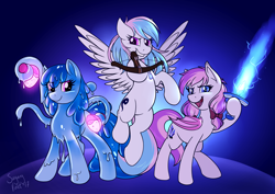 Size: 4092x2893 | Tagged: safe, artist:sugaryviolet, oc, oc only, oc:flowheart, oc:malina, oc:starburn, bat pony, goo pony, original species, pegasus, pony, bow, commission, crossbow, female, grin, hair bow, looking at you, mare, open mouth, pigtails, pose, potion, smiling, spread wings, sword, trio, weapon, wings