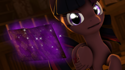 Size: 1920x1080 | Tagged: safe, artist:wiizzie, twilight sparkle, twilight sparkle (alicorn), alicorn, pony, 3d, book, magic, solo