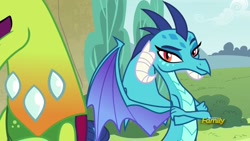 Size: 1920x1080 | Tagged: safe, screencap, princess ember, thorax, changedling, changeling, dragon, triple threat, female, interspecies, king thorax, male, raised eyebrow