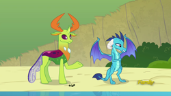 Size: 1920x1080 | Tagged: safe, screencap, princess ember, thorax, changedling, changeling, dragon, triple threat, female, interspecies, king thorax, male