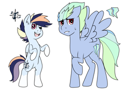 Size: 2069x1477 | Tagged: safe, artist:pharaohkieru, oc, oc only, oc:cloudburst, pegasus, pony, female, filly, male, offspring, parent:rainbow dash, parent:soarin', parents:soarindash, rearing, siblings, simple background, stallion, white background