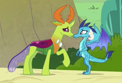 Size: 563x386 | Tagged: safe, screencap, princess ember, thorax, changedling, changeling, dragon, triple threat, cropped, female, king thorax, male, shipping fuel