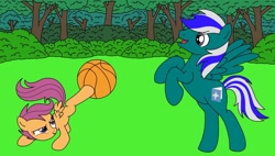 Size: 1280x725 | Tagged: safe, artist:linedraweer, scootaloo, oc, oc:blue star, ball, basketball, commission, forest, playing, rearing, sports