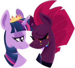 Size: 758x693 | Tagged: safe, artist:youkneez, fizzlepop berrytwist, tempest shadow, twilight sparkle, twilight sparkle (alicorn), alicorn, my little pony: the movie, crown, crying, duo, female, lesbian, rainbow tear, shipping, simple background, song reference, tempestlight, transparent background