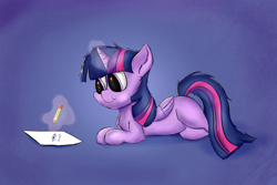 Size: 4500x3000 | Tagged: safe, artist:rainyvisualz, twilight sparkle, twilight sparkle (alicorn), alicorn, chest fluff, happy, heart eyes, lying down, paper, pencil, pone, wingding eyes