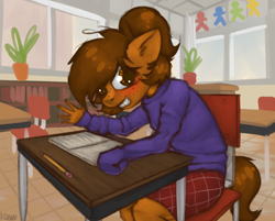 Size: 876x703 | Tagged: safe, artist:marsminer, oc, oc only, oc:venus spring, anthro, unicorn, blushing, braces, chair, classroom, clothes, cute, ear fluff, female, filly, freckles, looking at you, pencil, plaid, plaid skirt, ponytail, sitting, skirt, smiling, solo, sweater, venus spring actually having a pretty good time, young