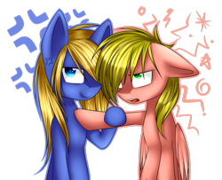 Size: 1600x1298 | Tagged: safe, artist:snowbunny0820, oc, oc only, oc:blake, oc:finn, earth pony, pegasus, pony, hair over one eye, male, stallion