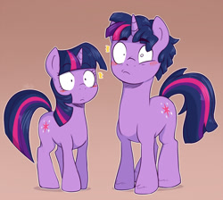 Size: 980x880 | Tagged: safe, artist:nolycs, dusk shine, twilight sparkle, pony, unicorn, blushing, duality, female, gradient background, male, mare, rule 63, self ponidox, shrunken pupils, simple background, stallion, surprised