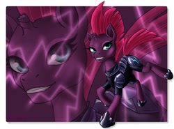 Size: 1378x1022 | Tagged: safe, artist:magarnadge, tempest shadow, pony, unicorn, my little pony: the movie, armor, broken horn, eye scar, hoof shoes, scar, smiling, solo, zoom layer