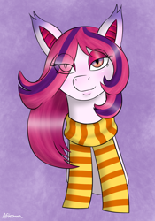 Size: 700x1000 | Tagged: safe, artist:afterman, oc, oc only, oc:arrhythmia, bat pony, bedroom eyes, blushing, bust, clothes, eyeshadow, head, makeup, scarf, solo