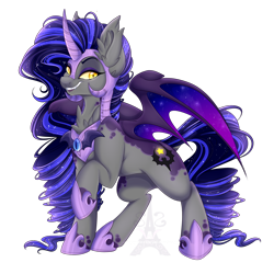 Size: 1600x1600 | Tagged: safe, artist:pvrii, oc, oc only, oc:midnight radiance, alicorn, bat pony, bat pony alicorn, pony, bat pony oc, eyeshadow, female, helmet, hoof shoes, lipstick, makeup, mare, nightmarified, simple background, solo