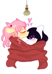 Size: 1088x1540 | Tagged: safe, artist:nikkitatheanimefan, oc, oc only, oc:hanako, oc:rin, pony, blushing, clothes, female, kissing, mare, mistletoe, scarf, simple background, transparent background