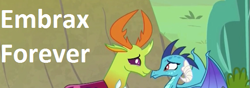 Size: 563x199 | Tagged: safe, edit, edited screencap, screencap, princess ember, thorax, changedling, changeling, dragon, triple threat, caption, couple, cropped, cute, embrax, king thorax, now kiss, shipping, text