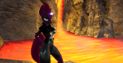 Size: 1920x986 | Tagged: safe, tempest shadow, anthro, my little pony: the movie, armor, clothes, costume, latex, lava, second life, solo