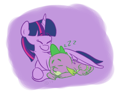 Size: 842x648 | Tagged: safe, artist:doodling-is-magic, spike, twilight sparkle, twilight sparkle (alicorn), alicorn, dragon, pony, baby, baby dragon, cute, duo, eyes closed, female, horn, male, mama twilight, mare, purple background, signature, simple background, sleeping, smiling, spikabetes, spikelove, spread wings, twiabetes, wings, zzz