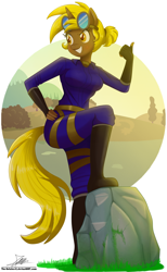 Size: 1020x1660 | Tagged: safe, artist:the-butch-x, oc, oc only, oc:golden gear, anthro, unicorn, clothes, female, goggles, grin, hand on hip, mare, smiling, solo, thumbs up