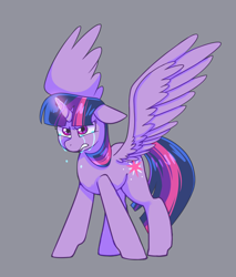 Size: 850x1000 | Tagged: safe, artist:fewderpewders, twilight sparkle, twilight sparkle (alicorn), alicorn, pony, angry, crying, female, floppy ears, glowing horn, gray background, gritted teeth, magic, mare, simple background, solo, spread wings, wings