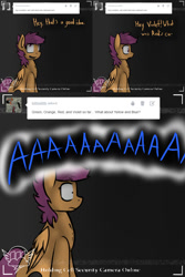 Size: 1500x2250 | Tagged: safe, artist:conmanwolf, scootaloo, pony, fanfic:rainbow factory, ask factory scootaloo, comic, factory scootaloo, offscreen character, recording, screaming