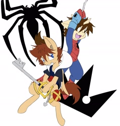 Size: 2877x3024 | Tagged: safe, artist:larrykitty, pony, clothes, crossover, fanart, hidden mickey, keyblade, kingdom hearts, kingdom hearts of harmony, peter parker, ponified, simple background, sora, spider-man, spiders and magic: rise of spider-mane, superhero
