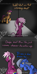 Size: 750x1500 | Tagged: safe, artist:conmanwolf, scootaloo, oc, oc:blue, oc:violet, pony, fanfic:rainbow factory, ask factory scootaloo, comic, factory scootaloo, recording