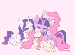 Size: 1050x765 | Tagged: safe, artist:koteikow, fluttershy, pinkie pie, rarity, twilight sparkle, twilight sparkle (alicorn), alicorn, earth pony, pegasus, pony, unicorn, curved horn, female, group, lying, mare, pony pile, prone, simple background, spread wings, wings