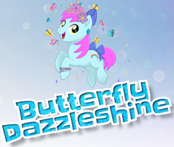 Size: 973x824 | Tagged: safe, oc, oc only, oc:butterfly dazzleshine, butterfly, earth pony, pony, my little pony: the movie, bow, bracelet, cutie mark, ear piercing, flower, flower in hair, hair bow, happy, jewelry, male, mlp movie pony maker, piercing, rainbow, smiling, solo, sparkles, tail bow, tiara