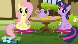 Size: 4100x2307 | Tagged: safe, artist:tomfraggle, fluttershy, twilight sparkle, pegasus, pony, unicorn, stare master, cup, female, looking at you, mare, pillow, sitting, smiling, table, teacup