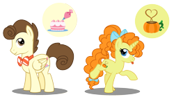 Size: 2637x1477 | Tagged: safe, artist:katnekobase, artist:strawberry-spritz, pound cake, pumpkin cake, base used, bowtie, cake, cake twins, cutie mark, food, heavy edited, high res, implied reincarnation, older, pumpkin, simple background, tongue out