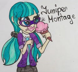 Size: 2336x2149 | Tagged: safe, artist:mlpshimmysunshine123, juniper montage, equestria girls, spoiler:eqg specials, cute, food, glasses, ice cream, junibetes, solo, traditional art