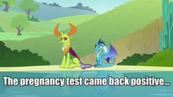 Size: 960x540 | Tagged: safe, edit, edited screencap, screencap, princess ember, thorax, changedling, changeling, dragon, triple threat, caption, embrax, image macro, implied mpreg, king thorax, meme, pregnant, sitting