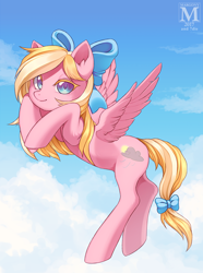 Size: 800x1075 | Tagged: safe, artist:margony, artist:miioko, oc, oc only, oc:bay breeze, pegasus, pony, collaboration, backbend, bow, cute, female, flying, hair bow, looking at you, mare, sky, smiling, solo