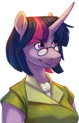 Size: 2307x3582 | Tagged: safe, artist:maxiima, twilight sparkle, unicorn twilight, anthro, unicorn, clothes, commission, female, glasses, mare, raised eyebrow, simple background, smirk, solo, transparent background