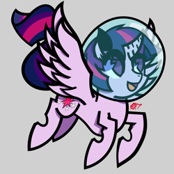 Size: 1280x1280 | Tagged: safe, artist:therederrorart, twilight sparkle, twilight sparkle (alicorn), alicorn, pony, female, flying, gray background, mare, open mouth, simple background, smiling, solo, space helmet, spread wings, wings