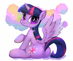 Size: 1024x852 | Tagged: safe, artist:9seconds, twilight sparkle, twilight sparkle (alicorn), alicorn, pony, cute, looking at you, looking back, plot, smiling, solo, spread wings, twiabetes, twibutt, wings