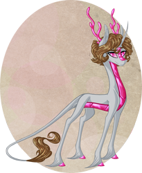 Size: 1969x2400 | Tagged: safe, artist:australian-senior, oc, oc only, oc:apollo invictus, alicorn, dracony, hybrid, kirin, pony, unicorn, alternate universe, antlers, colored hooves, crossover, curved horn, fact core, kirindos, leonine tail, pink eyes, portal, portal (valve), portal 2, simple background, solo, unshorn fetlocks