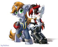 Size: 1080x864 | Tagged: safe, artist:kaliner123, oc, oc only, oc:blackjack, oc:littlepip, cyborg, pony, unicorn, fallout equestria, fallout equestria: project horizons, blushing, chest fluff, clothes, ear fluff, fanfic, fanfic art, female, hooves, horn, lesbian, mare, oc x oc, pipbuck, prosthetics, raised hoof, scrunchy face, shipping, simple background, transparent background, vault suit