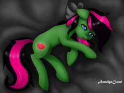 Size: 1600x1200 | Tagged: safe, artist:amaliyacloud, oc, oc only, oc:emerald cloud, pony, blanket, bow, lying down, on side, open mouth, sad