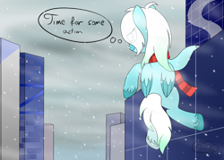 Size: 2800x2000 | Tagged: safe, artist:cloudy95, oc, oc only, oc:snowfall, pegasus, pony, bulding, city, clothes, female, flying, high res, mare, scarf, snow, solo, winter