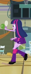 Size: 454x1080 | Tagged: safe, screencap, twilight sparkle, equestria girls, equestria girls (movie), balloon, clothes, leg warmers, pleated skirt, shoes, skirt, solo