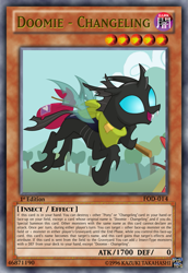Size: 813x1185 | Tagged: safe, artist:dragonmorpheus, edit, changeling, bindle, card game, clothes, doomie, flying, knapsack, open mouth, scarf, smiling, solo, tcg editor, trading card edit, yu-gi-oh!, yugioh card