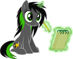 Size: 1191x970 | Tagged: safe, artist:xenoneal, oc, oc only, oc:scribbling star, pony, unicorn, .svg available, female, magic, mare, notepad, simple background, sitting, solo, svg, transparent background, vector