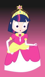 Size: 700x1192 | Tagged: safe, artist:disty dusk, dusk shine, twilight sparkle, human, :o, big crown thingy, clothes, coronation dress, crossdressing, dress, evening gloves, gloves, humanized, jewelry, long gloves, open mouth, princess dusk shine, regalia, rule 63, solo, tiara