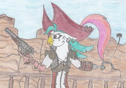 Size: 1344x945 | Tagged: safe, artist:agentappleblanket, captain celaeno, anthro, bird, my little pony: the movie, amputee, borderlands 2, captain scarlett, desert, drawing, gun, handgun, hook, pirate, prosthetic limb, prosthetics, revolver, traditional art