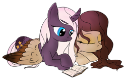 Size: 701x443 | Tagged: safe, artist:karmadash, oc, oc only, oc:krystal feathers, oc:nami, pegasus, pony, unicorn, book, couple, cuddling, kryami, simple background, sleeping, transparent background