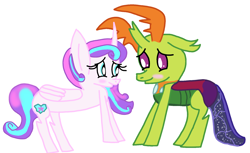 Size: 1768x1084 | Tagged: safe, artist:snoopy7c7, princess flurry heart, thorax, changedling, changeling, blushing, female, flurrax, king thorax, looking at each other, male, shipping, story in the source, straight