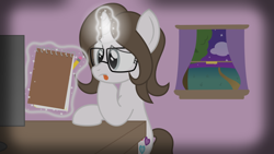 Size: 1920x1080 | Tagged: safe, artist:sny-por, oc, oc only, oc:pyrisa miracles, pony, unicorn, levitation, magic, night, pencil, sketchbook, table, telekinesis, window